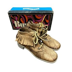 1960s Mod NIB Brown Leather Swirl Design Fringe Ankle Boots / Women’s 6M